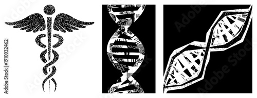 Medical caduceus with wings and snakes, DNA double helix structure, scientific and healthcare symbols, black and white vector design, halftone texture.