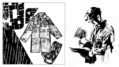 Classic waterproof outerwear ensemble, raincoat and boots, urban weather gear, halftone style, stylized fashion illustration.