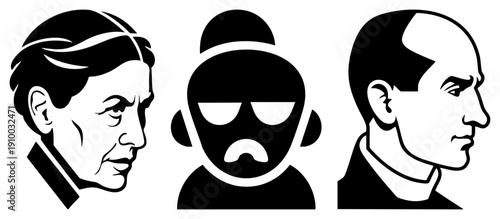 Graphic silhouettes of men in profile, minimalist design, vector illustration, flat style, character, avatar set, portraits.