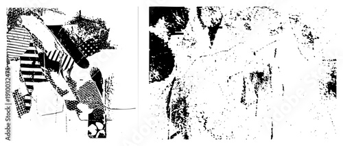 Fragmented black and white forms with halftone textures, graphic composition, vector art, stylized abstraction, digital illustration.