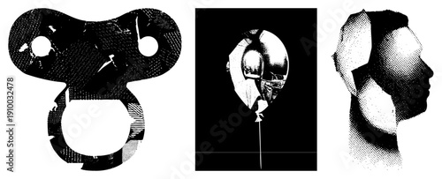 Vector halftone art featuring pacifier, balloon, and human head in black and white, stylized with dot, isolated graphic elements, artistic composition.