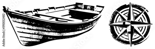 Classic wooden rowboat with plank detailing and compass rose with cardinal points, nautical navigation symbols, maritime vector art, black and white illustration.