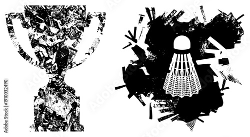 Athletic victory trophy and badminton shuttlecock rendered in distressed halftone, graphic design elements, sports, competitive spirit, stylized vector art.