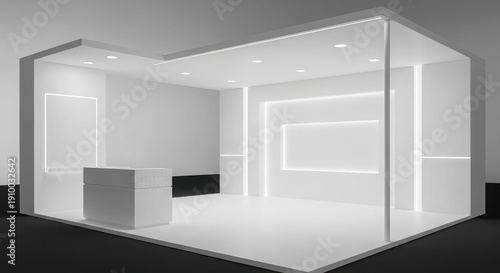 Wallpaper Mural Modern minimalist empty exhibition stand with illuminated panels and reception desk in a clean, professional setting. Torontodigital.ca