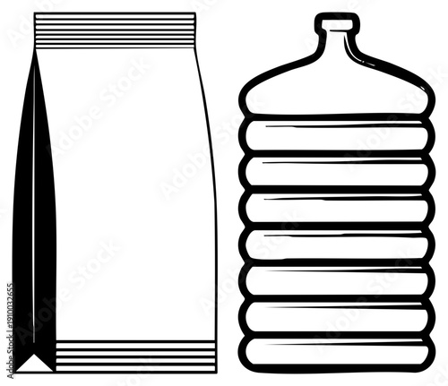 Coffee packaging bag and water jug, beverage containers, drink supplies, style, minimalist design, vector graphic, isolated elements.