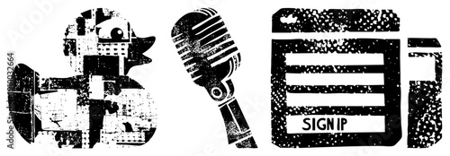Retro microphone, rubber duck mascot, sign up form, distressed texture, black and white vector, graphic design elements, glitch art style.