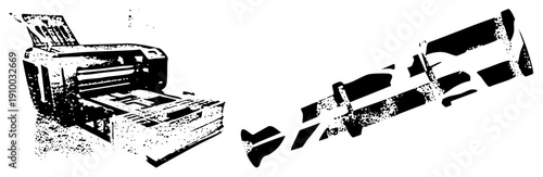 Retro desktop printer with open cartridge bay, isolated ink cartridges, dot matrix style, halftone texture, vector graphic, tech relic, office equipment.