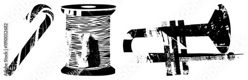 Holiday themed sewing supplies including candy cane, thread spool, and vintage sewing machine components, stylized in distressed black and white vector art.