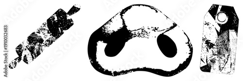 Grunge style vector rolling pin for baking, raw meat cutout for butcher, bottle cap tag for labeling., textured, isolated elements.