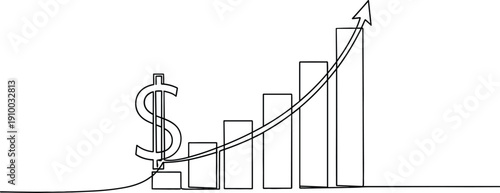 Continuous line drawing of a rising bar chart with dollar sign and arrow for financial growth and success