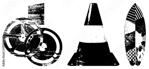 Retro film reels, traffic cone, surfboard with distressed textures, vector art, urban grit aesthetic, isolated graphic elements.