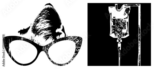 wearing stylish glasses beside medical IV drip, stylized graphic, black and white, healthcare mascot, pet in medical setting, vector art.