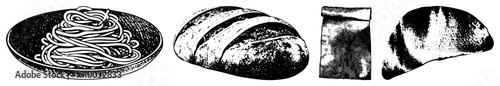 Hand drawn spaghetti on plate, artisan bread loaf, bread bag, rustic loaf, black and white food art, culinary sketch, vector food.