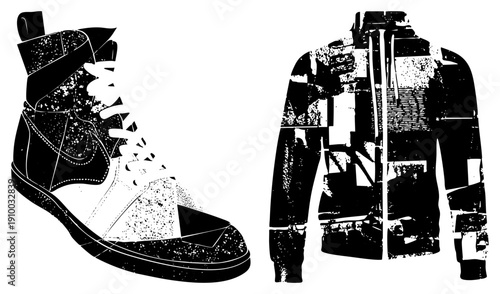 Urban streetwear sneaker and zip up with fragmented halftone texture, punk inspired apparel, black and white vector design, fashion illustration.