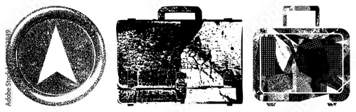 Retro travel luggage symbols, halftone briefcase and suitcase, vector graphic, business travel, vintage design, style.