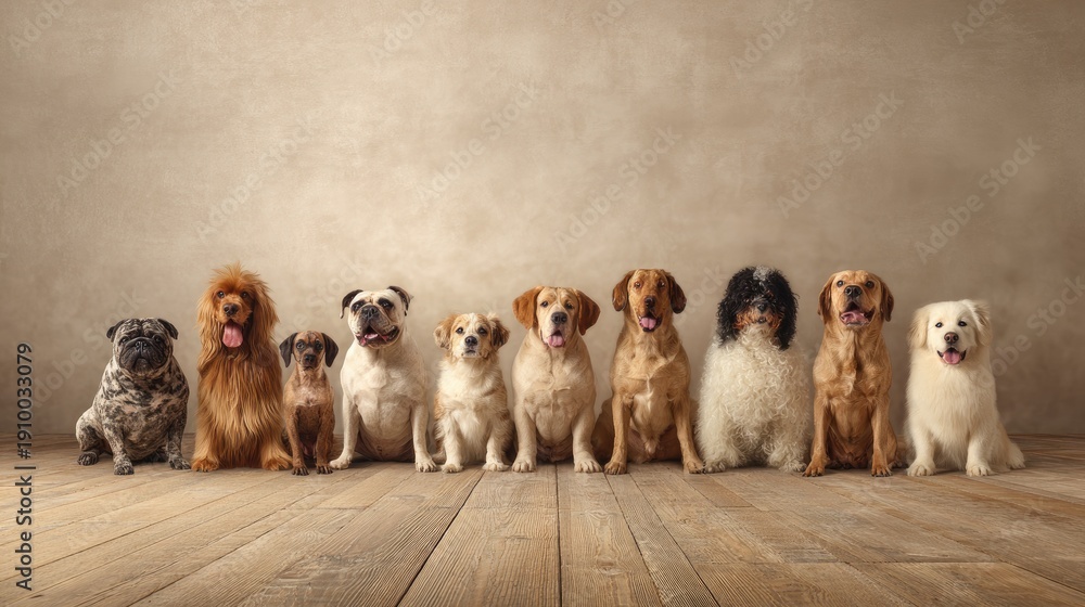 Fototapeta premium A Group of Happy Dogs in Various Breeds, Posing Together on a Wooden Floor with Soft Neutral Background