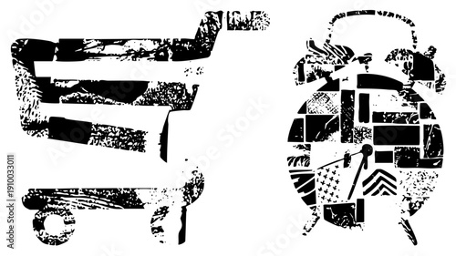 Distressed shopping cart and alarm clock, halftone texture, vector graphic, digital illustration, e commerce symbol, time management, isolated elements.
