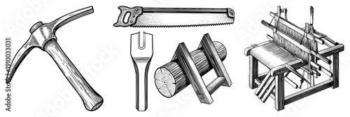 Antique mining pickaxe, hand saw with teeth, wood adze tool, and traditional wooden loom for weaving, all rendered in detailed art.