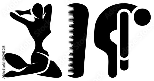 Stylized black vector dancing person, comb, hairbrush minimalist flat design, graphic symbols for beauty or wellness themes, isolated elements.