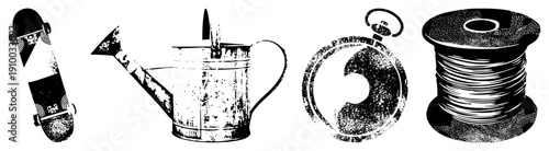 Retro graphic including skateboard, watering can, pocket watch, and thread spool, halftone texture,, vector illustration, isolated elements.