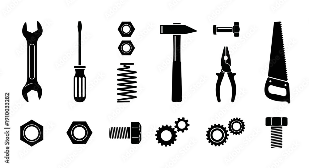 Obraz premium Black and White Tools Set Vector Illustration