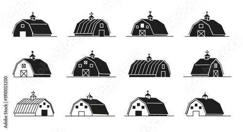 Barn Icons Set: Farm Building Silhouettes