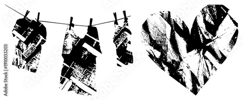 Black and white halftone graphic of clothes on a with a heart shaped fabric, stylized textile art, fashion illustration, garment silhouette, print, textile design, graphic vector.