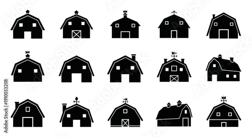 Barn icons set, farm building silhouettes