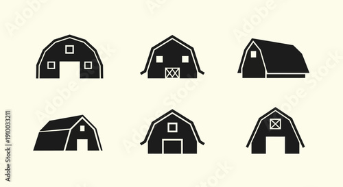 Barn Icons Set. Farm Building Silhouettes Vector