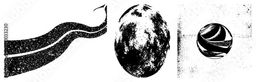 Vector halftone forming flowing wave, textured globe, and striped sphere, graphic design, isolated elements, stylized forms.