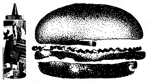 Black and white halftone burger with sesame bun, meat patty, and sauce bottle, stylized graphic food, fast food illustration, vector art.