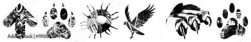 Stylized animal tracks and bird shapes rendered in halftone, vector graphic, isolated, wildlife motifs, design.