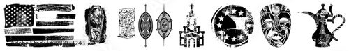 flag, coffin, shield, church, moon with stars, tribal mask, teapot all rendered in distressed vector style, ideal for graphic design or cultural motifs.