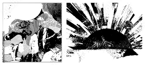 Bold halftone sunburst radiating from central orb, abstract geometric shapes with striped and dotted textures, high contrast graphic design, vector art, pop art influence.