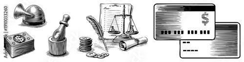 Classic financial like money bell, coin stack, quill pen, scales of justice, and credit cards, rendered in vintage engraving style for finance or legal themes.