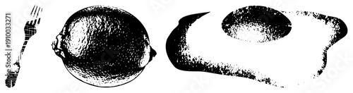 Classic fork with hatched, detailed citrus fruit, expressive ink blot, vector art, culinary illustration, stylized food graphic.