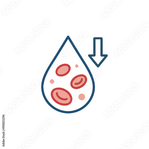 Anemia Low Red Blood Cell Medical Icon Medical line icon of blood drop with red blood cells and downward arrow indicating anemia 