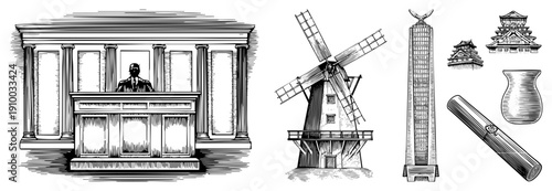 Classic engraved illustrations of courthouse, windmill, skyscraper, Japanese, ceramic vase, and rolled scroll, rendered in detailed art with hatching.