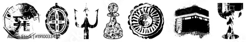 Grunge styled vector including Chinese coin, compass rose, trident, chess piece, sunburst, Kaaba, and, each with distressed texture and symbolic meaning.