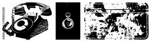 Retro rotary telephone with coiled cord, classic pocket watch with keyhole, distressed sign texture all isolated vector graphics. Synonyms analog phone, antique timepiece, grunge signage.
