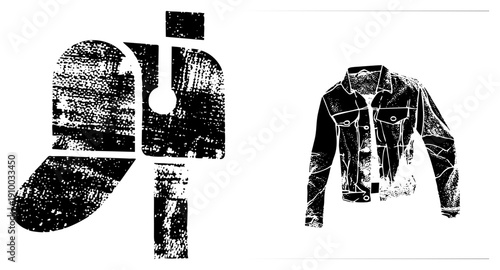 Graphic vector illustration of denim jacket and cap, halftone dot, urban streetwear, isolated apparel, punk fashion elements.