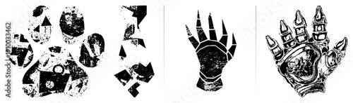 Graphic vector illustrations of animal paw prints and claws with distressed texture, black and white, isolated symbols, wildlife motifs, tattoo art style.