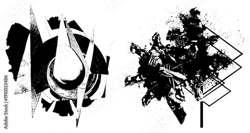 Bold graphic composition of ink splatters and sharp geometric shapes, halftone dot, vector art, abstract design, modern minimalism, aesthetic.