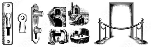 Antique key and lock set, stone archways and vaults, rope stanchions for crowd control, engraved art, architectural elements, security hardware, historical illustration.