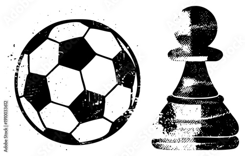 Black and white soccer ball with hexagonal panels, chess pawn piece with halftone texture, sport strategy, game tactics symbol, competitive play graphic.