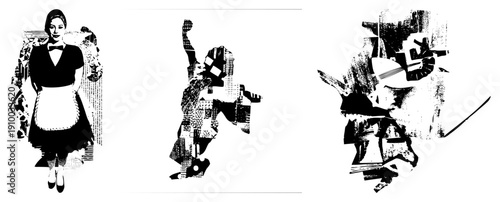 Retro waitress in black dress and white apron, stylized collage cutout, graphic illustration, design, vintage diner aesthetic.