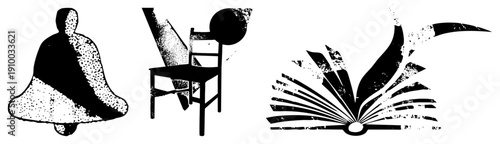 Stylized black and white church bell, wooden chair, open book, halftone grain, graphic design elements, vector art, isolated symbols.