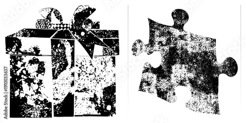 Black and white halftone gift box with bow, puzzle piece, vector graphic, isolated elements, stylized shapes, texture, symbolic representation.
