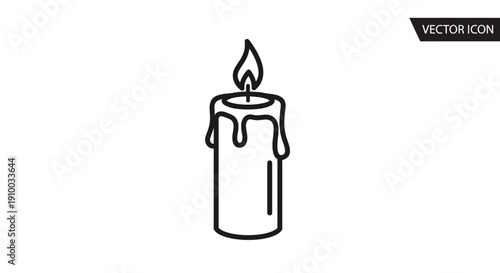 Burning Candle Icon with Wax Dripping, Line Art