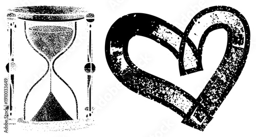 Classic hourglass with sand flow and textured heart symbol, halftone style, graphic, timeless symbols, vector art.